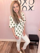 Load image into Gallery viewer, Green Brushed Polka Dot Flutter Shoulder Sleeve Top
