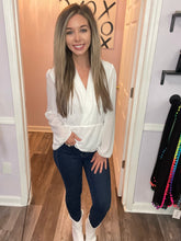 Load image into Gallery viewer, White Surplice Peplum Long Sleeve Top
