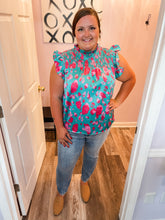 Load image into Gallery viewer, Green & Pink Floral Top Smocked Flutter Sleeve Top (S-3XL)