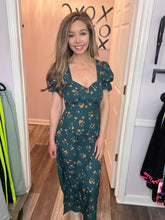 Load image into Gallery viewer, Hunter Green Floral Puff Sleeve Criss Cross Back Dress