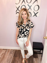 Load image into Gallery viewer, Black & Ivory Leopard Print V Neck Ruffled Sleeve Top