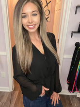 Load image into Gallery viewer, Black Surplice Peplum Long Sleeve Top