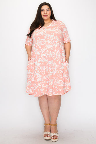 (Sizes: 3XL-5XL) Plus Size Light Pink Paisley Print Dress With Pockets