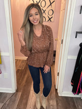 Load image into Gallery viewer, Antique Brown Dark Mauve Floral Print Ruffled Long Sleeve Top (Sizes: S-3XL)