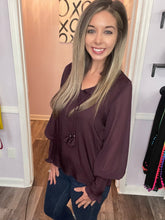 Load image into Gallery viewer, Dark Plum Tassel Sheer Long Sleeve Top