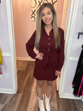 Load image into Gallery viewer, Garnet Front Tie Long Sleeve Button Down Dress