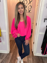 Load image into Gallery viewer, Fuchsia V Neck Lace Wrists Long Sleeve Top