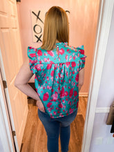 Load image into Gallery viewer, Green & Pink Floral Top Smocked Flutter Sleeve Top