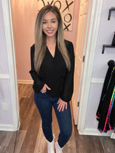 Load image into Gallery viewer, Black Surplice Peplum Long Sleeve Top