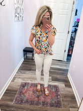 Load image into Gallery viewer, Multi Colored Abstract V Neck Ruffle Sleeve Top