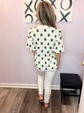 Load image into Gallery viewer, Green Brushed Polka Dot Flutter Shoulder Sleeve Top