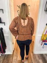 Load image into Gallery viewer, Antique Brown Dark Mauve Floral Print Ruffled Long Sleeve Top (Sizes: S-3XL)