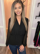 Load image into Gallery viewer, Black Surplice Peplum Long Sleeve Top