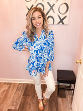 Load image into Gallery viewer, Lilly Inspired Mixed Blues Floral Lace Trim Top