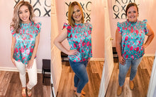 Load image into Gallery viewer, Green & Pink Floral Top Smocked Flutter Sleeve Top (S-3XL)
