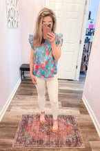 Load image into Gallery viewer, Green & Pink Floral Top Smocked Flutter Sleeve Top