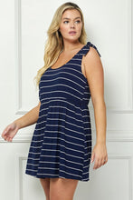 Load image into Gallery viewer, Plus Size Navy & White Striped Dress With Faux Tie Shoulders