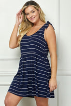 Load image into Gallery viewer, Plus Size Navy & White Striped Dress With Faux Tie Shoulders