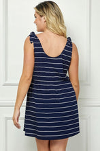 Load image into Gallery viewer, Plus Size Navy & White Striped Dress With Faux Tie Shoulders
