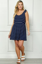 Load image into Gallery viewer, Plus Size Navy & White Striped Dress With Faux Tie Shoulders