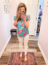 Load image into Gallery viewer, Green & Pink Floral Top Smocked Flutter Sleeve Top