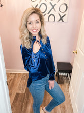 Load image into Gallery viewer, Navy Blue Velvet Feeling Buttoned Long Sleeve Top