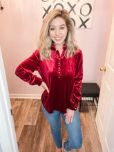 Load image into Gallery viewer, Dark Red Velvet Feeling Buttoned Long Sleeve Top