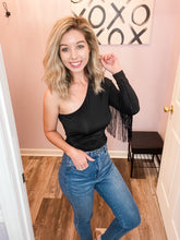 Load image into Gallery viewer, Black One Shoulder Fringed Bodysuit