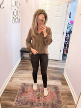 Load image into Gallery viewer, Brown V Neck Stretchy Wrist Band Long Sleeve Top