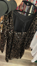 Load image into Gallery viewer, Black Velvet Like & Dark Golden Brown Sequin Slit Dress