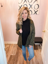 Load image into Gallery viewer, Olive Sherpa Lined Utility Jacket With Hood