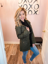 Load image into Gallery viewer, Olive Sherpa Lined Utility Jacket With Hood