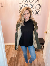 Load image into Gallery viewer, Olive Sherpa Lined Utility Jacket With Hood