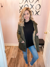 Load image into Gallery viewer, Olive Sherpa Lined Utility Jacket With Hood