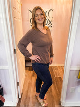 Load image into Gallery viewer, Brown V Neck Stretchy Wrist Band Long Sleeve Top