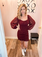 Load image into Gallery viewer, Burgundy Swiss Dot Long Sleeve Ruched Mini Dress