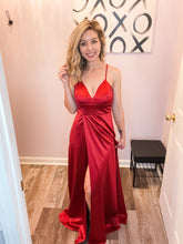 Load image into Gallery viewer, Red Satin Feeling Side Slit Maxi Dress