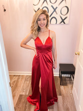 Load image into Gallery viewer, Red Satin Feeling Side Slit Maxi Dress