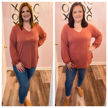 Load image into Gallery viewer, Plus Size Rust Casual V Neck Long Sleeve Top