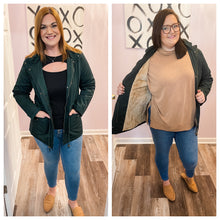 Load image into Gallery viewer, Plus Size Hunter Green Sherpa Lined Utility Jacket With Hood