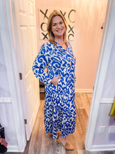 Load image into Gallery viewer, Blue & White Abstract V Neck Maxi Dress