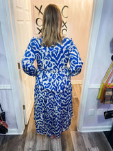 Load image into Gallery viewer, Blue & White Abstract V Neck Maxi Dress