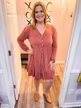 Load image into Gallery viewer, Plus Size Light Rust Faux Button Down V Neck Dress