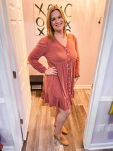 Load image into Gallery viewer, Plus Size Light Rust Faux Button Down V Neck Dress