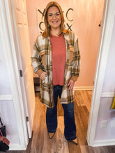 Load image into Gallery viewer, Long Brown Plaid Button Down Shacket