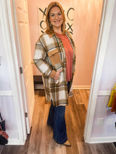 Load image into Gallery viewer, Long Brown Plaid Button Down Shacket
