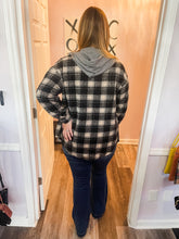 Load image into Gallery viewer, Black & Off White Plaid Hooded Buttoned Down Shacket