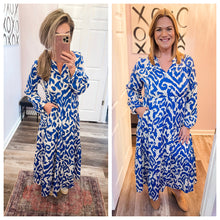 Load image into Gallery viewer, Blue & White Abstract V Neck Maxi Dress