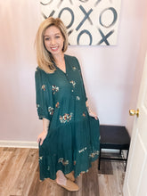 Load image into Gallery viewer, Hunter Green Embroidered Floral Paisley Midi Dress