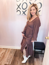 Load image into Gallery viewer, Brown V Neck Back Bow Cutout Maxi Dress